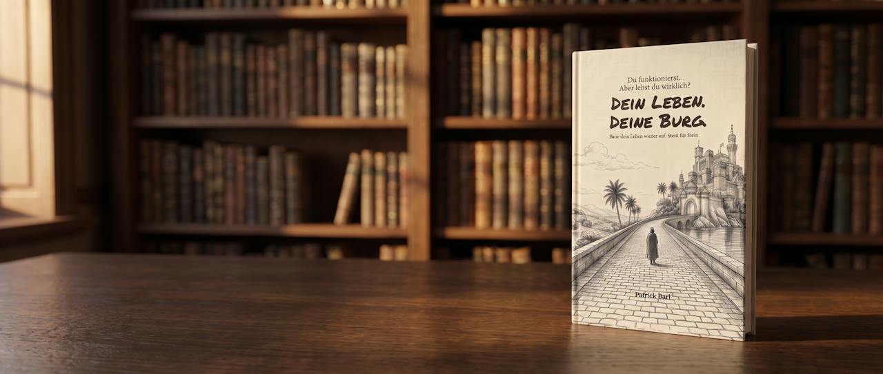 Das Buch Dein Leben. Deine Burg. von Patrick Barl steht in einer alten Bibliothek