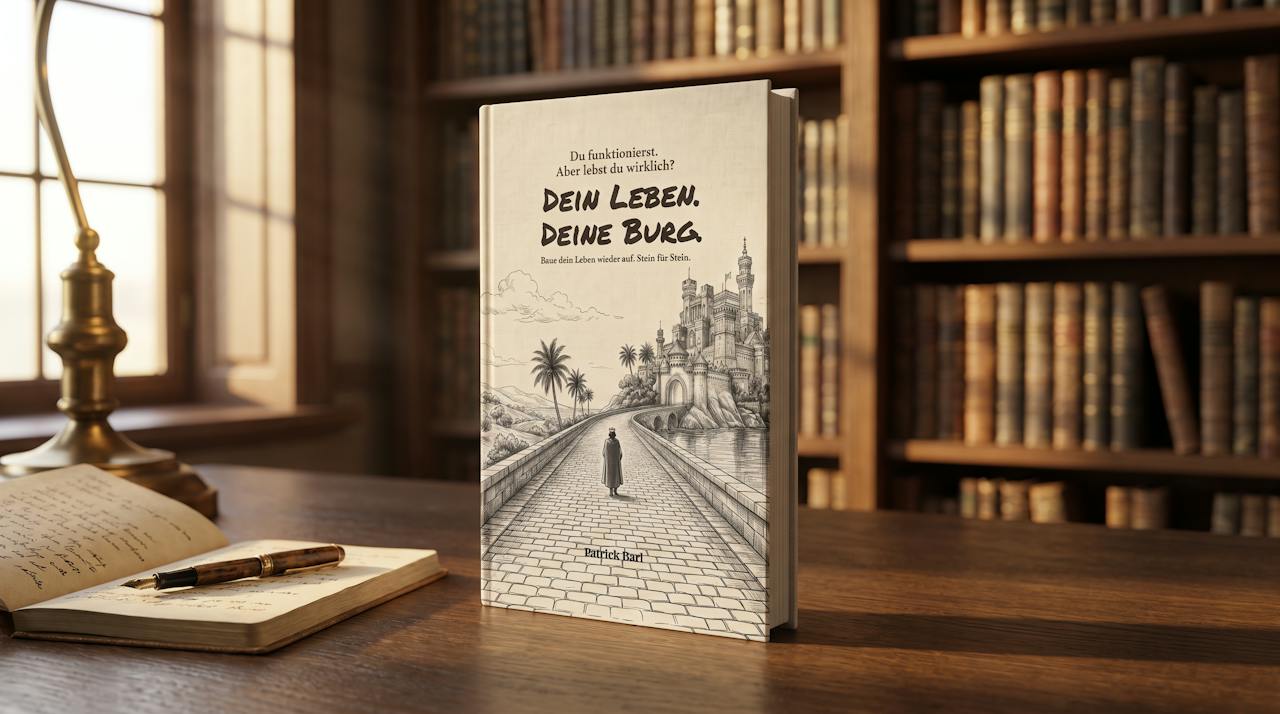 Das Buch Dein Leben. Deine Burg. von Patrick Barl steht auf einem Holztisch in einer alten Bibliothek