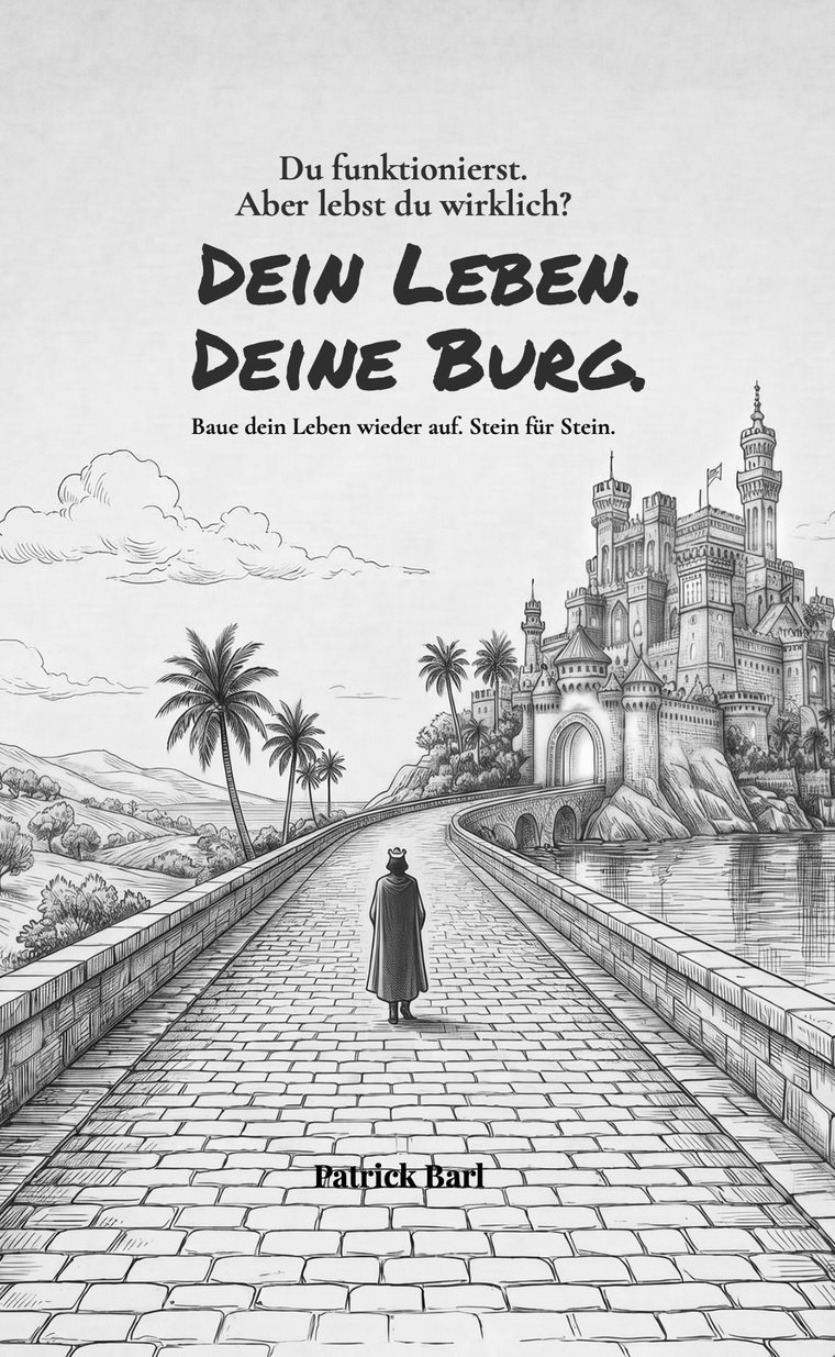 Buchcover: Dein Leben. Deine Burg. von Patrick Barl. Eine Gestalt geht über einen gepflasterten Weg auf eine Burg am Wasser zu.