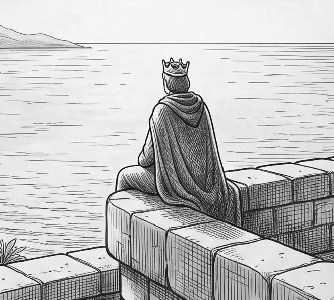 Illustration: eine Gestalt sitzt auf einer Burgmauer und schaut aufs Meer
